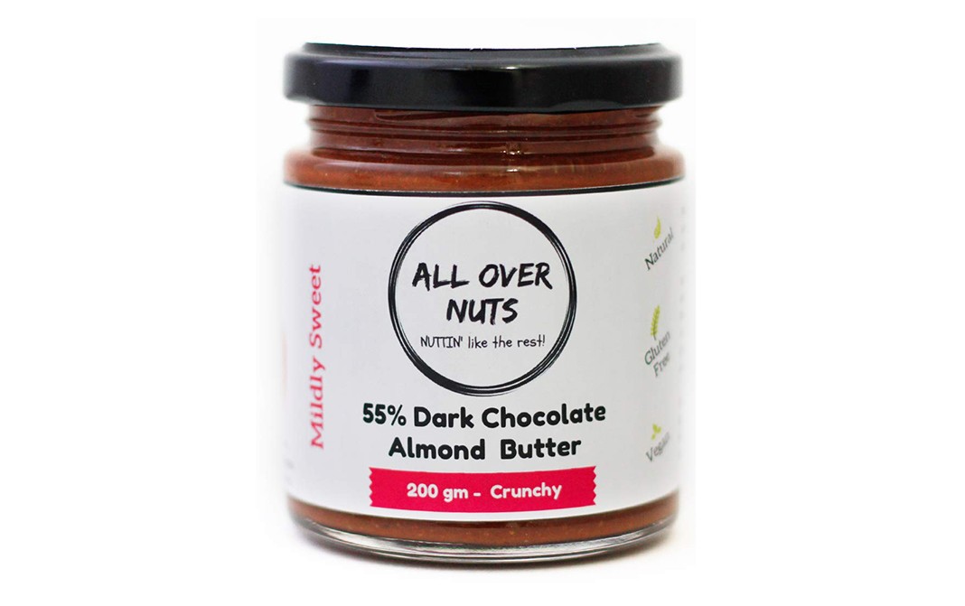All Over Nuts 55% Dark Chocolate Almond Butter Crunchy  Glass Jar  200 grams